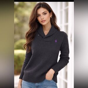 RALPH LAUREN Vintage Black Shawl Neck Ribbed Sweater